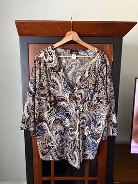 Brittany Black Paisley Wrap-Style Blouse in Brown, Cream, and Blue